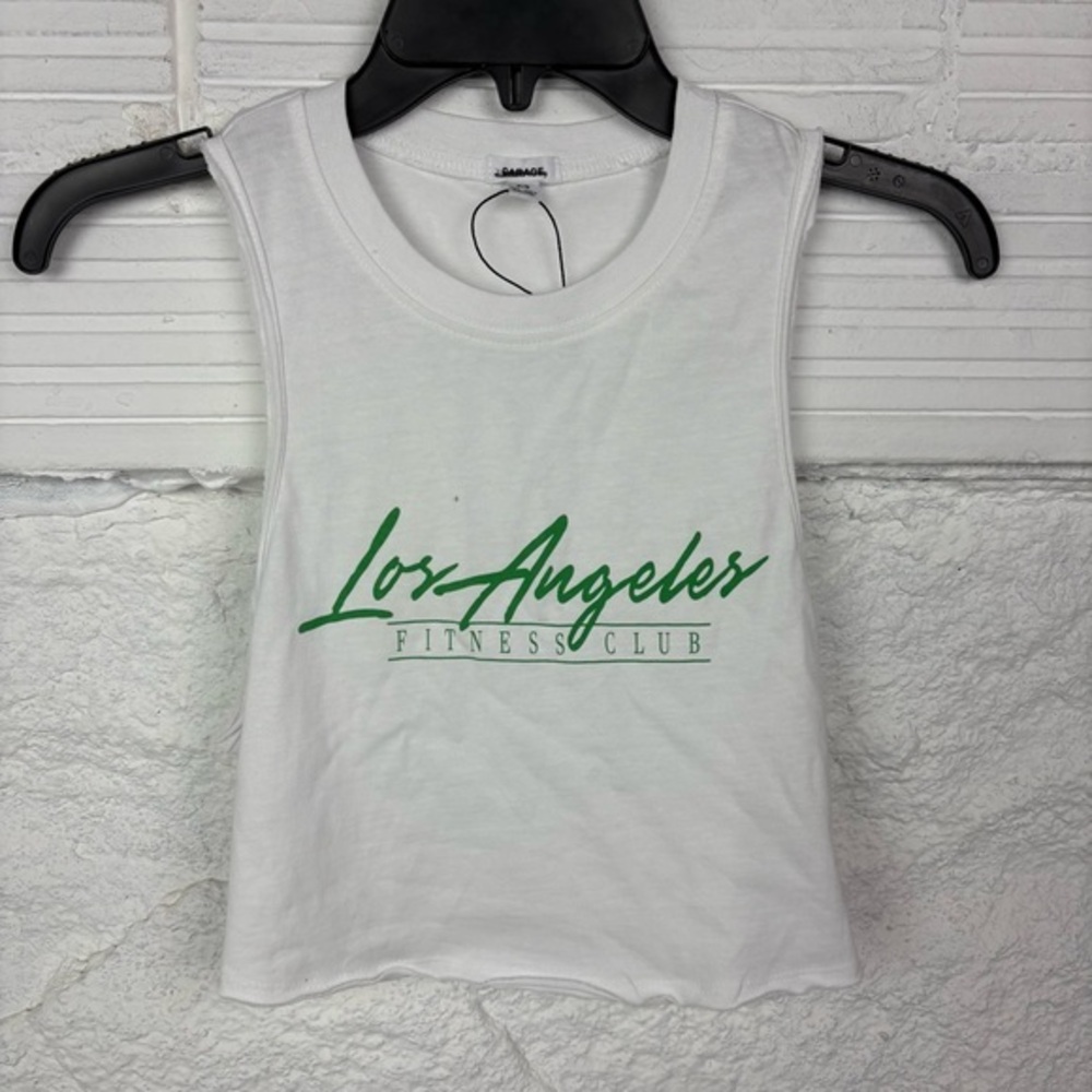 NWOT GARAGE white cropped sleeveless cotton LOS ANGELES FITNESS top SZ S & M